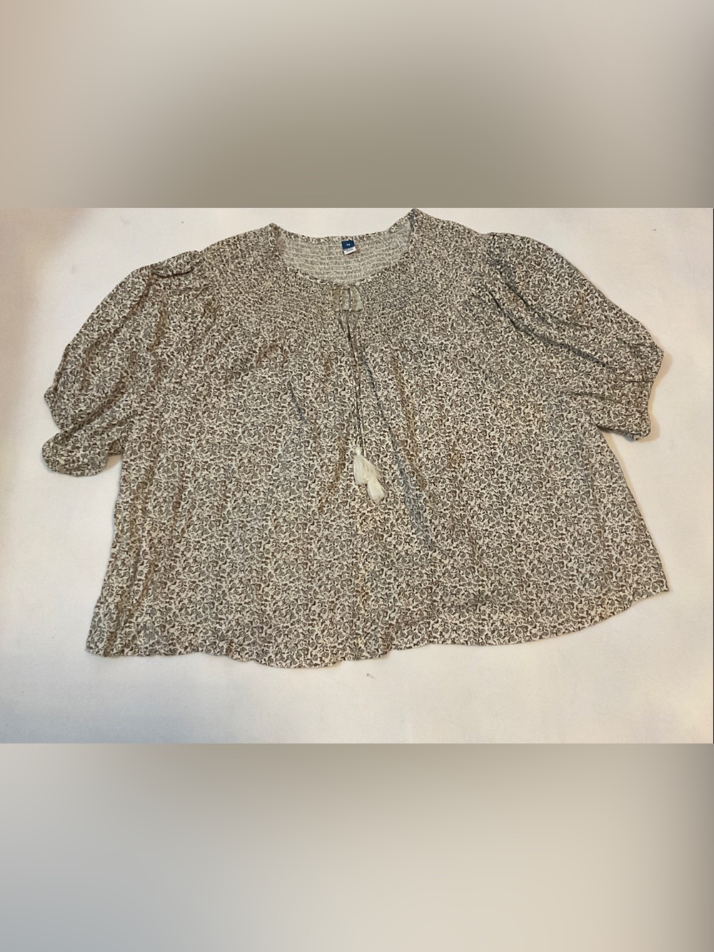 Old Navy Cream and Brown Floral Peasant Blouse with Tassel Tie